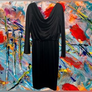 ST. JOHN COUTURE elegant, black silky dress very flattering fit  Size 10.